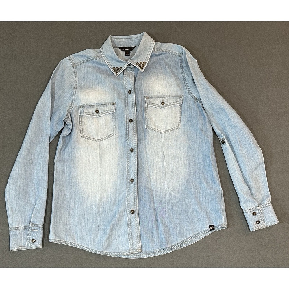Rock & Republic Shirt Women Blue Light Wash Denim Long Sleeve Studs‎ Size M